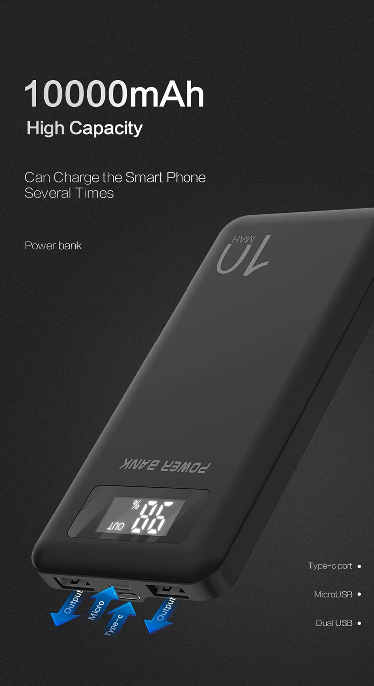
Новинка 2020, тонкие внешние аккумуляторы 10000, умный внешний аккумулятор 10000 мАч, светодиодный Мобильный Внешний аккумулятор 10000 мАч 