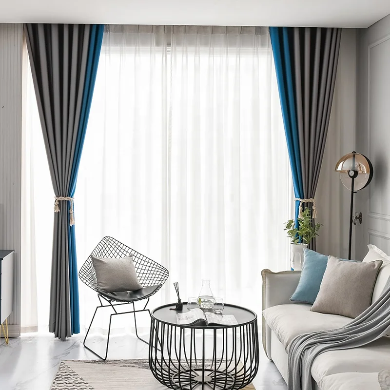 Latest Curtain Designs Modern Simple Color Splicing Thermal Insulated Blackout Curtains Ready Made for Living Room