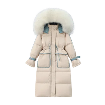 China Winter Women Hooded Zipper Duck Fabric Ivory Black Femme Capuche Fourrure Light Long Coat Custom Down Jacket
