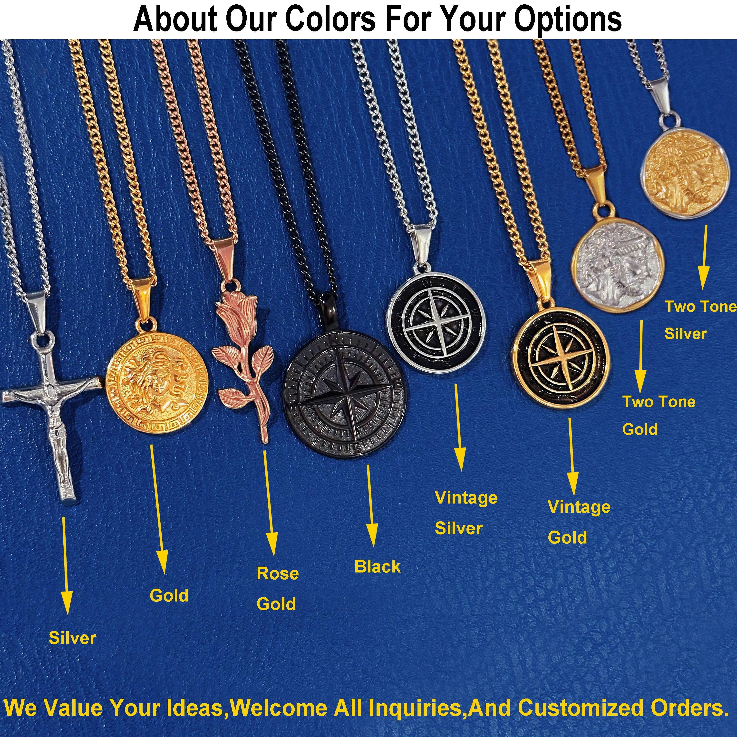 OEM ODM Factory Custom Layered Necklace Set Stainless Steel 18k Gold Plated Mens Matte Brushed Coin Compass Pendant Necklace