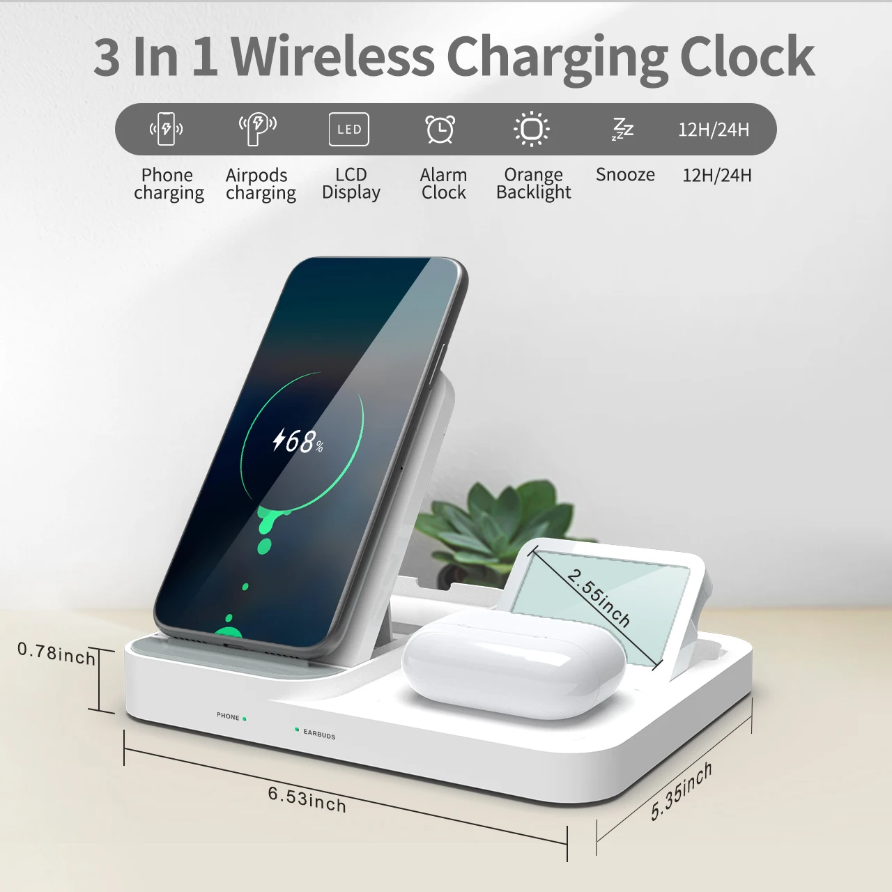 Time Display Desk Led Alarm Clock Wireless Charger 15w Fast Charging