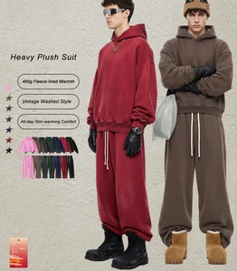 Men's Vintage Washed Fleece Hoodie & Sweatpants Set 400g Thick Warm Hooded Sweatshirt Straight-Leg Casual Jogger Pants