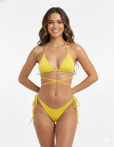 2026 Ribbed Fabric Euro-American Satin Two piece Triangle Style Women's Swimsuit Stylish Solid Bikini Sexy Beachwear Factory