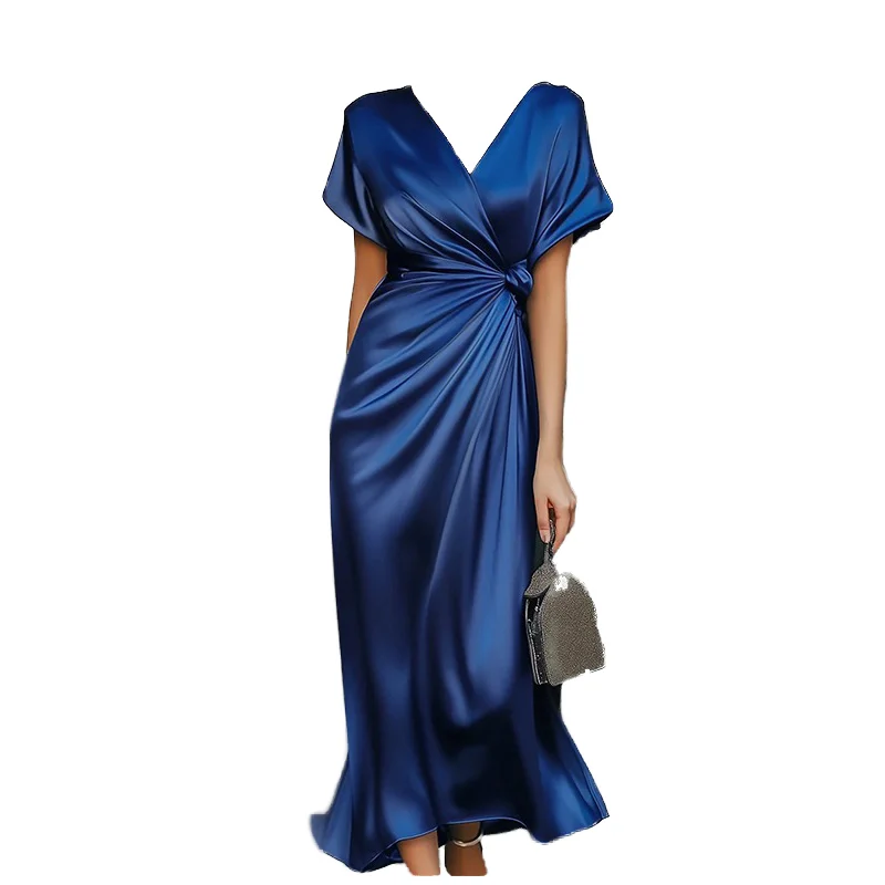 maxi dress with cap sleeves Lily by Firmiana Cap Sleeve Collared Maxi Dress with Waist Tie Blue White / 1XL
