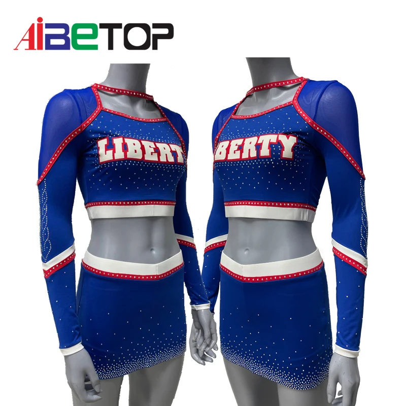 Newest Design Cheerleading Uniforms Blue Sublimation Long Sleeve Cheer ...