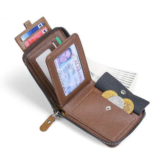 Оптовая продажа, маленькие кошельки из искусственной кожи, двустворчатые, с RFID-блокировкой, с несколькими отделениями для карт, мужские кошельки с застежкой-молнией
