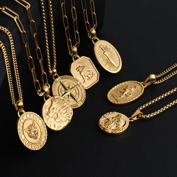 VERENA Trendy Custom Coin Stainless Steel Jewellery 18K Gold Plated Men Charm Pendant Necklace Jewelry