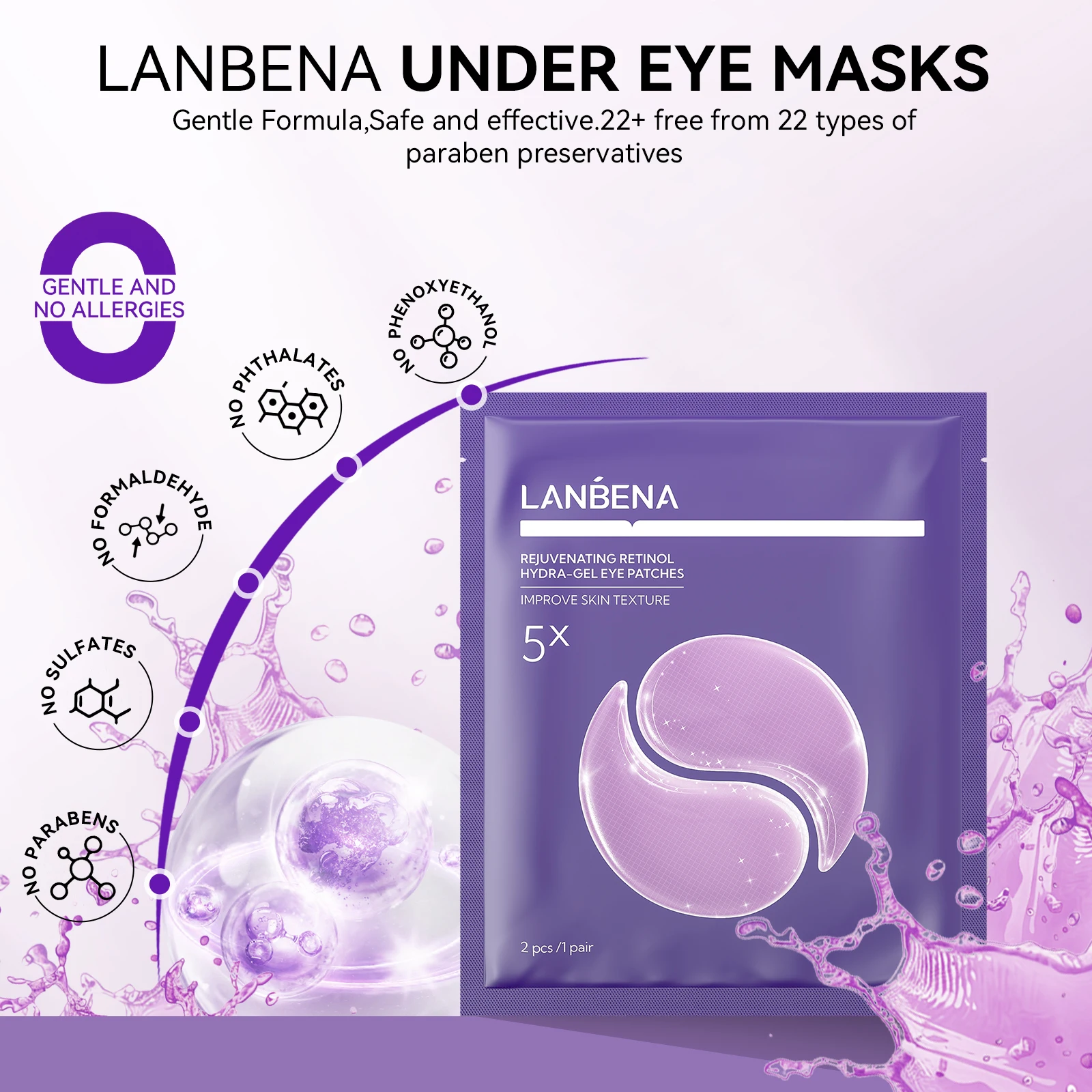 Lanbena New Arrival Eye Patches for Dark Circles Retinol Hydrogel Collagen Label Eye Maskss