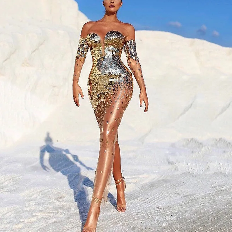 Sparkly Gold Mirror Dress Singer Stage Show Host One-shoulder Annual Meeting Evening Dress Spring Elegant Dresses Sparkly Gold Mirror Dress Singer Stage Show Host One-shoulder Annual Meeting Evening Dress Spring Elegant Dresses