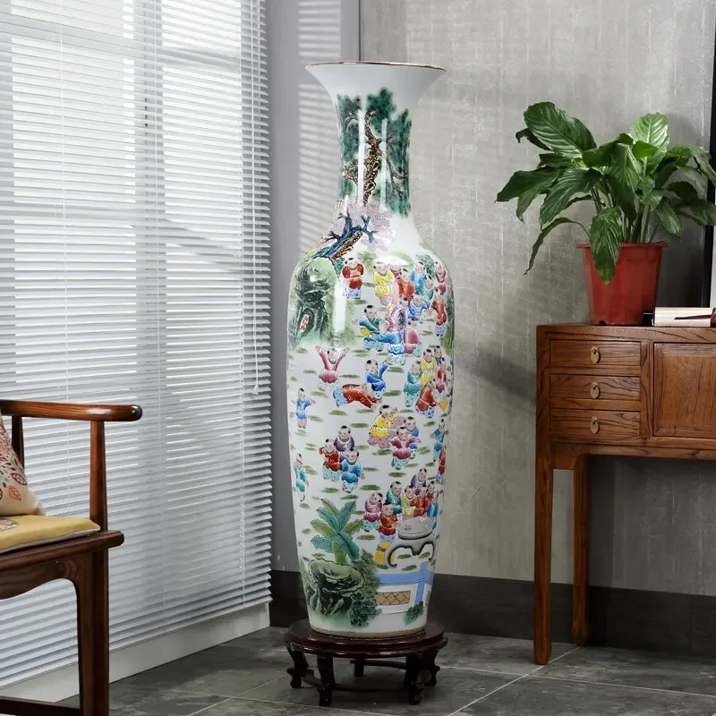 大型中国手描き花鳥模様の陶器フロアベース 1m 高
