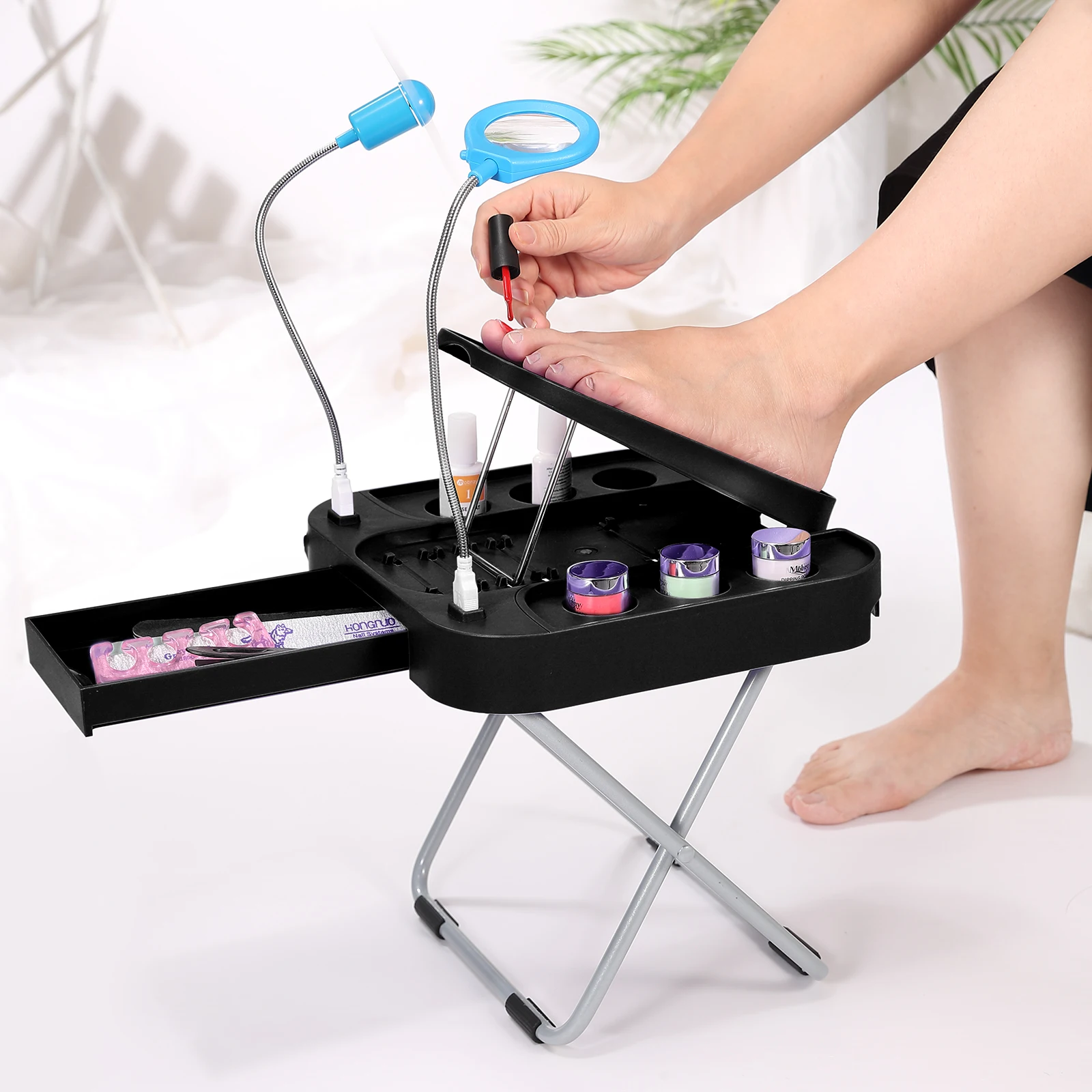 The Beauty Footrest for Easy At-Home Pedicures, No More Bending With LED Magnifier Fan Non-Slip Sturdy Legs & Built-in Storage