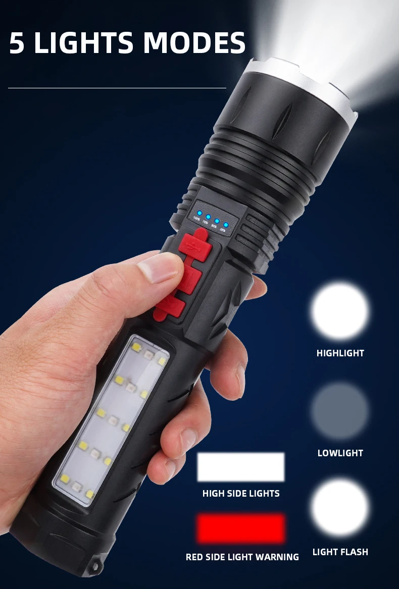 XHP50 Power Display Torch Tactical TYPE-C Side Flood Light 5 Light Modes Camping Aluminum Buzzer Alarm Led Flashlight factory