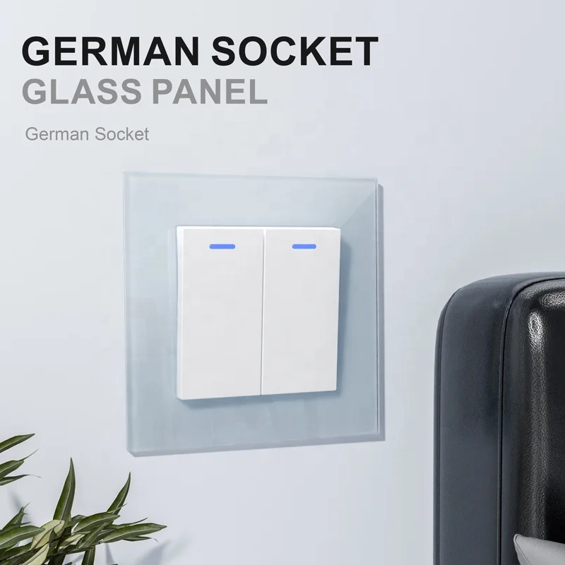 Two Gang One Way Three Way Light Switch With LED Indicator Luxury Design EU Glass Panel 250V 10A Wall Socket