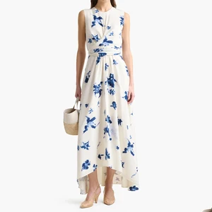 ZYHT 73958 White Casual Dress Blue Flower Floral Printed Summer Asymmetric Hem Sleeveless Women Lady Girl Dress