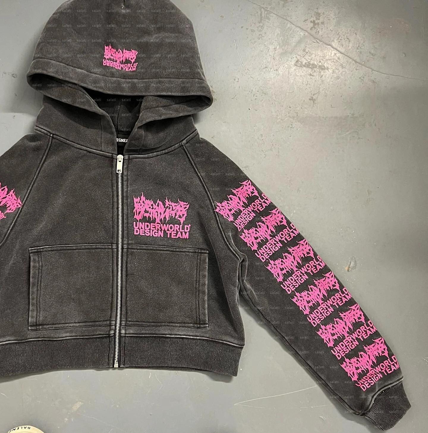 Customized Zipper Heavy Cotton Thick French Terry Print No String Zip up Acid Distressed Vintage Wash Women Cropped Hoodie Woman gallery 2