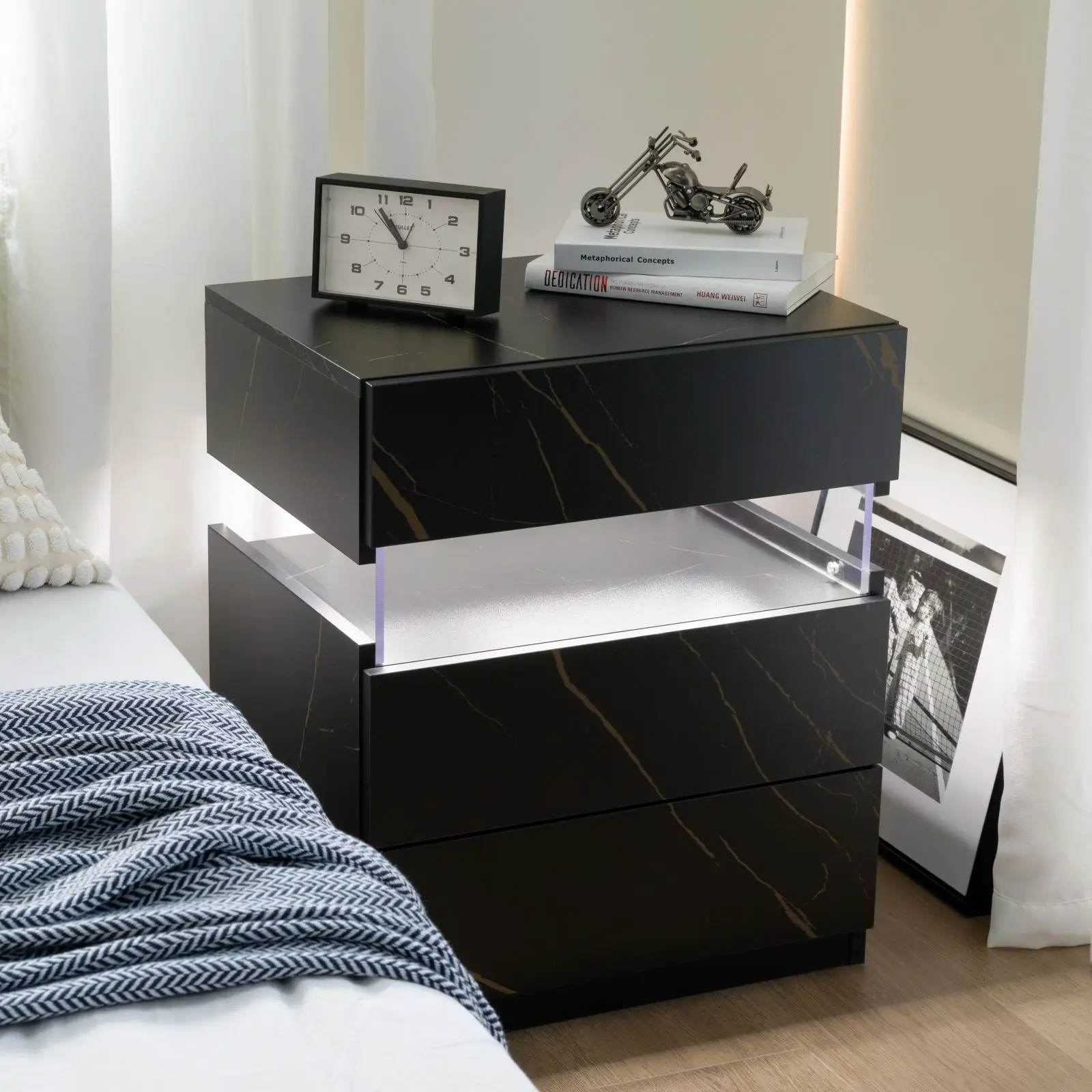 LED Nightstands For Bedroom Table With Acrylic Board LED Bedside Tables For Bedroom Living Room Bedside Furniture (Black+Glod)_voghion.com