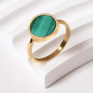 18K Gold & Rose Gold Plated Stainless Steel Dainty Ring Beautiful Natural Green Malachite Flat Gemstone Women's Jewelry