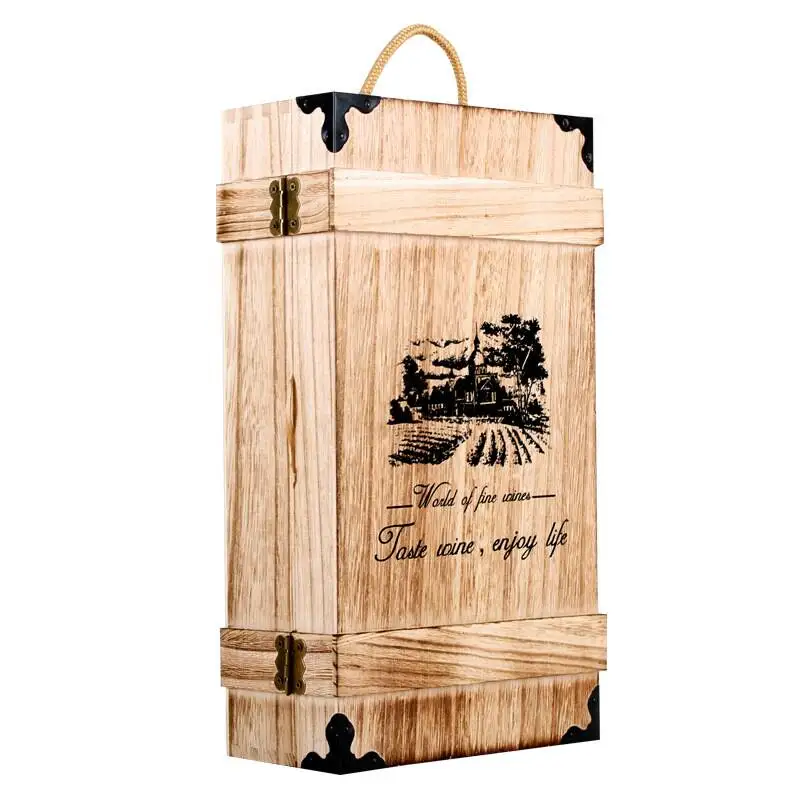 Custom Logo Factory Price Gift Packaging Decorative Storage Dark Torched Double Bottle Case Wooden Wine Boxes