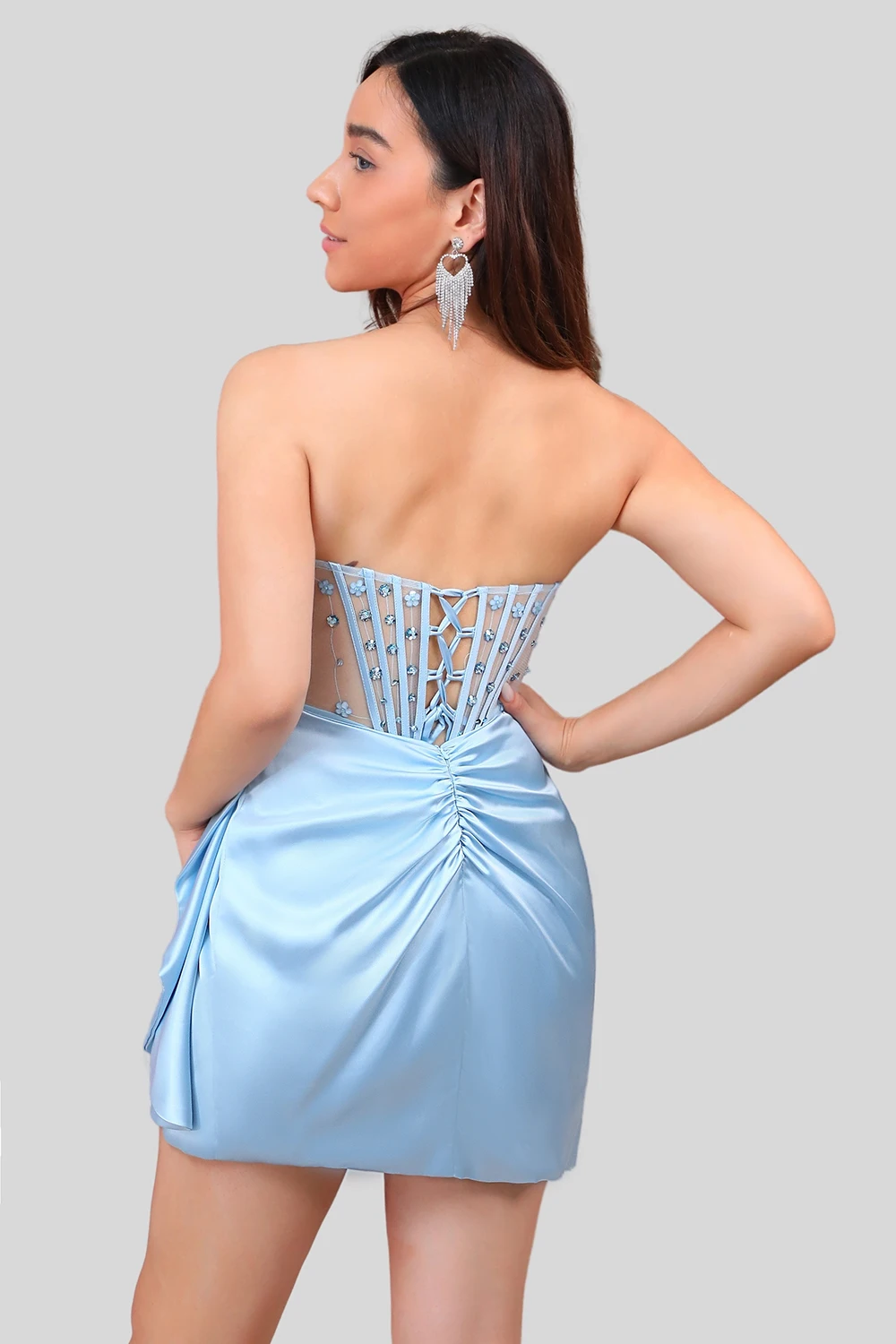 Sparkly Blue Short Sweetheart Satin Lady Corset Homecoming Dress With  Beading