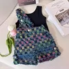 Colorful plaid one shoulder denim overalls two piece set
