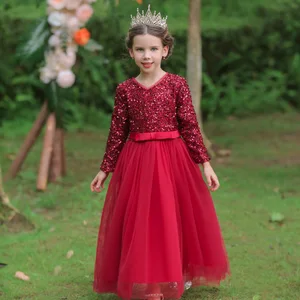 Princess Mesh Dress 4-12Y Girl Christmas Party Clothes for Kids Sequin Wedding Dresses Children Spring Autumn Prom Costume