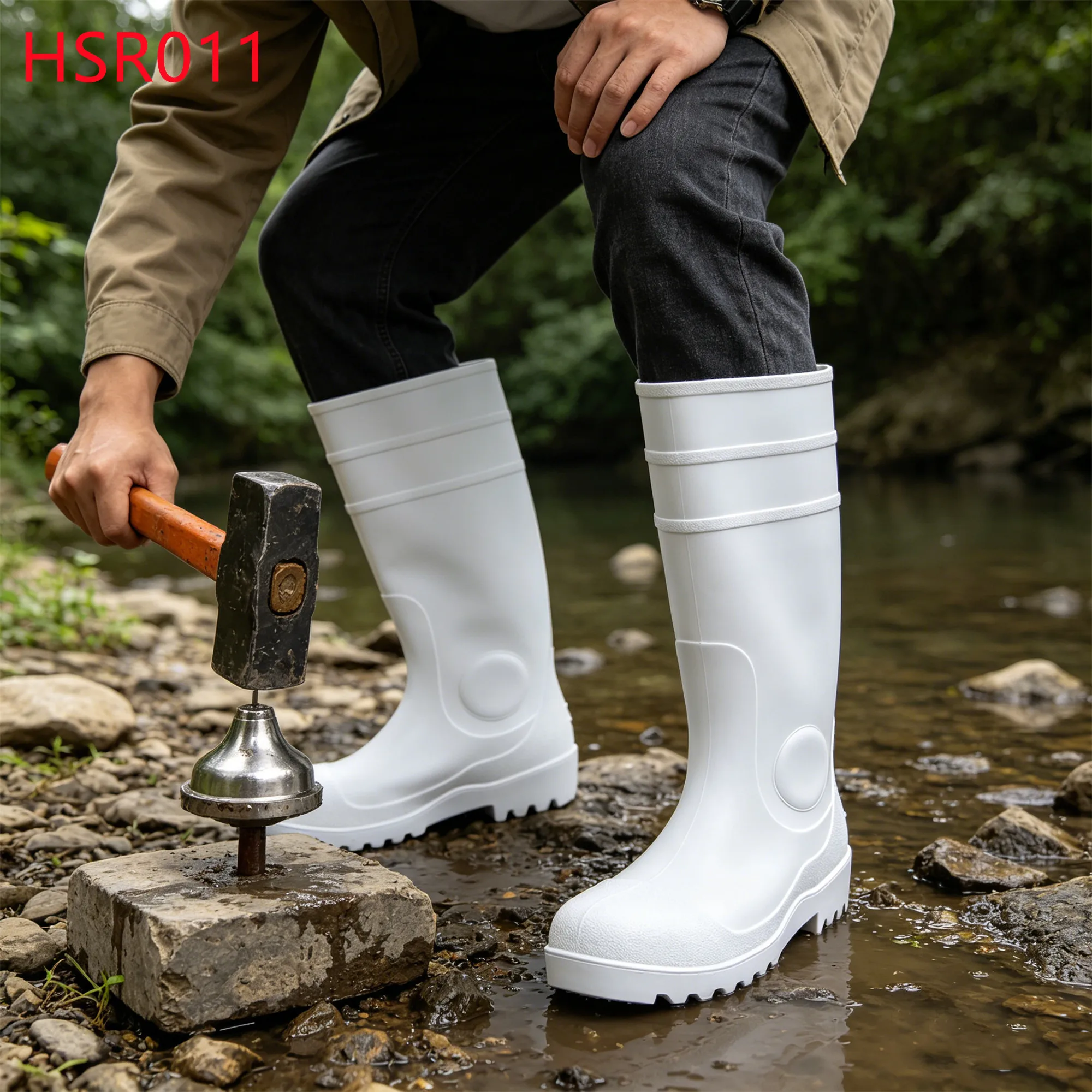LXG,Mud Wading Steel Toe Insert ultra Anti-slip White Gumboots Rice Paddy Work Integral Molding PVC Safety Rubber Boots HSR011