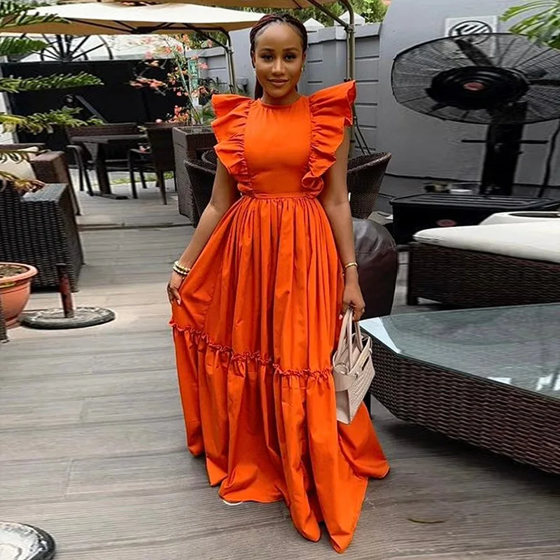 casual orange dresses for women summer dress with slit ZAPAKA Women Summer Dress Orange Printed Halter Casual  Dress with Slit, Orange / XL