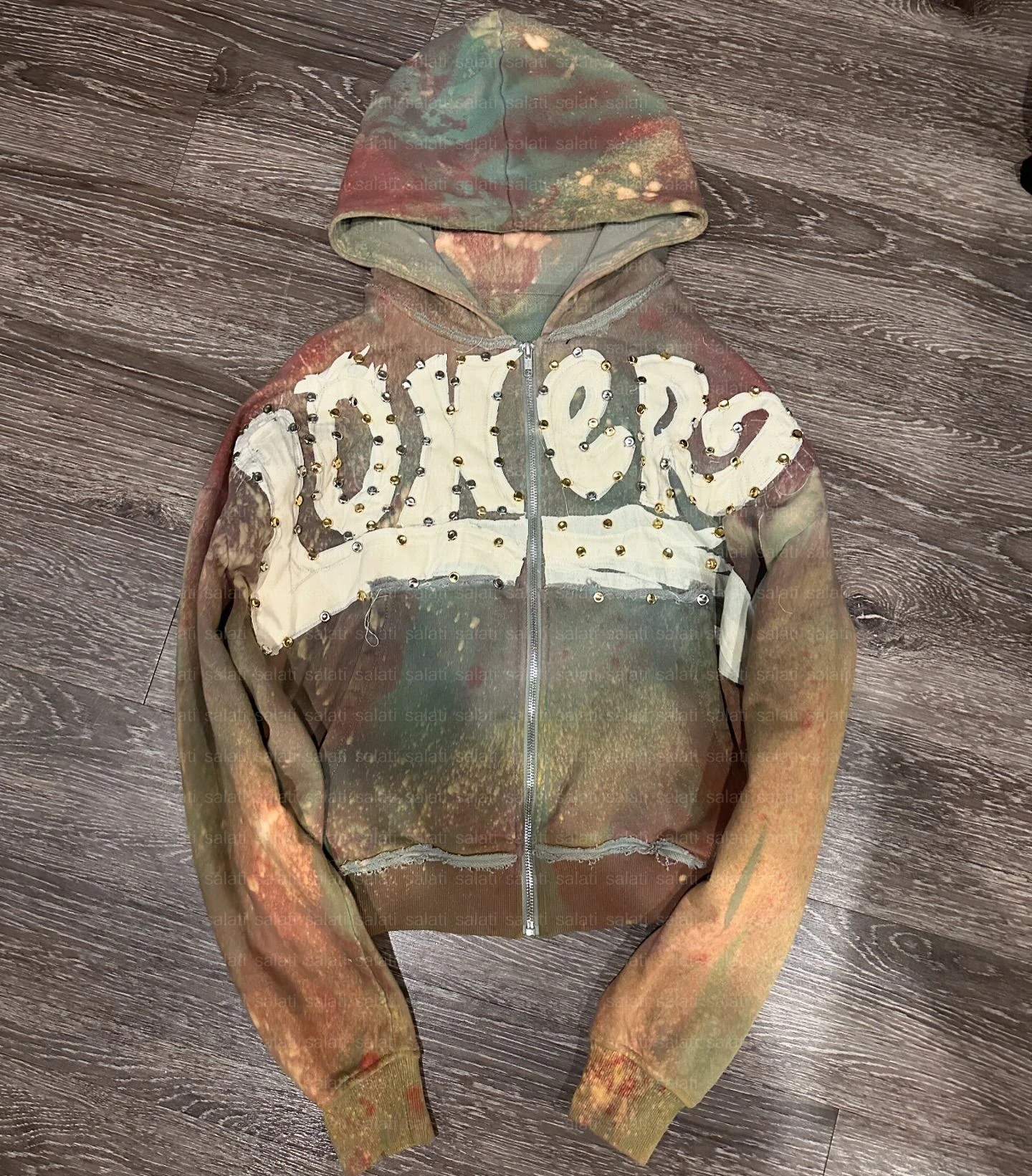 Salati Hoddies Custom Logo Cut and Sew Applique Patch Rhinestone Zip up Distressed Embroidery Acid Wash Sweatshirt Hoodie Men gallery 7