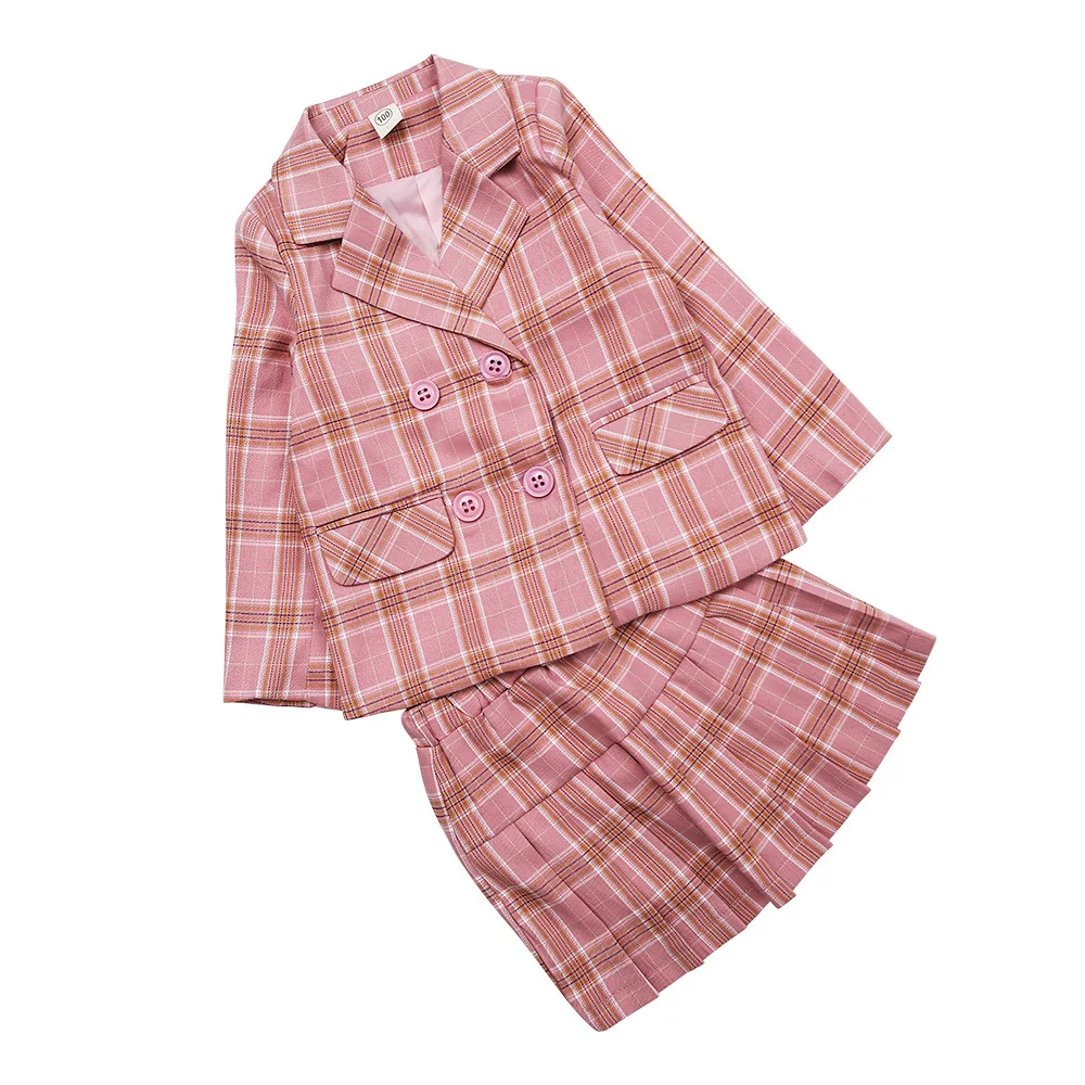 Classy Casual School Style 2025 Spring Autumn Kids Two Piece Pink Plaid Pleated Skirt Set Girls Worsted Fabric