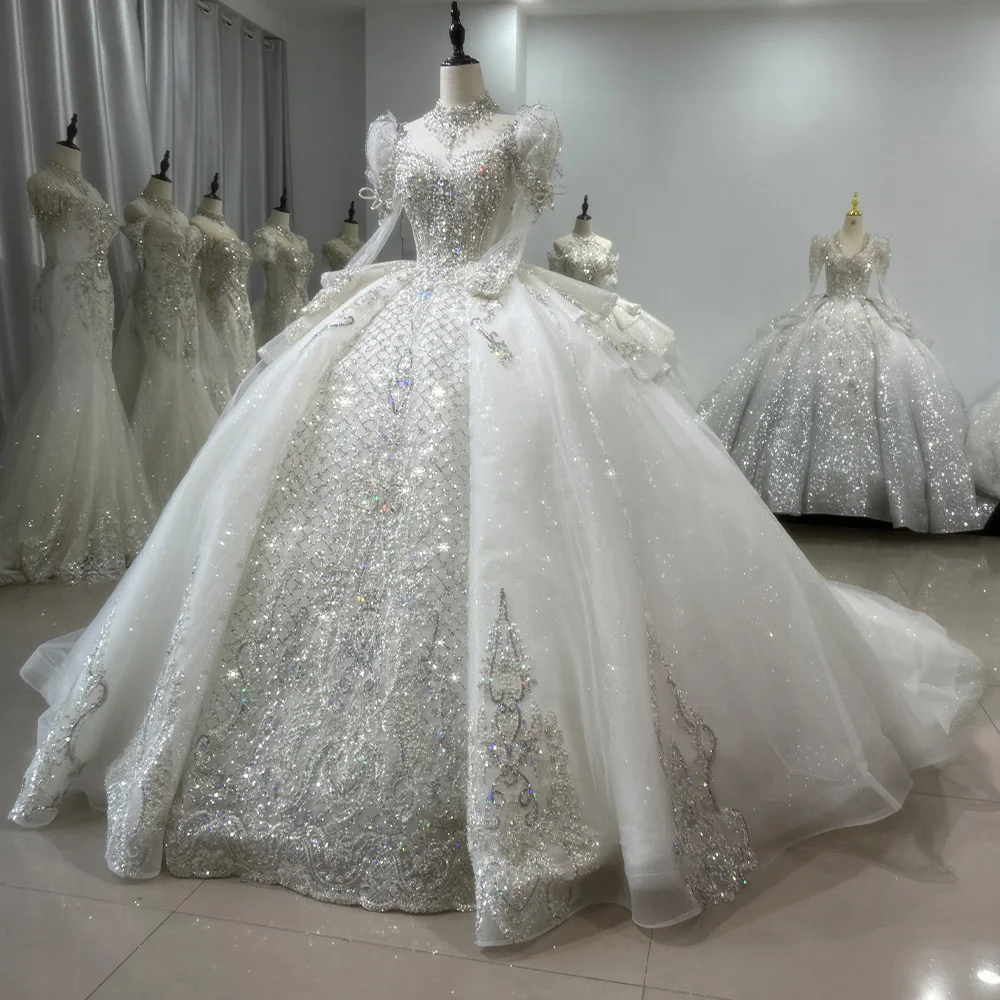 high neck organza wedding dress A-Line High Collar Wedding Dress with Slit and Back Neck Bow HAREM's Brides