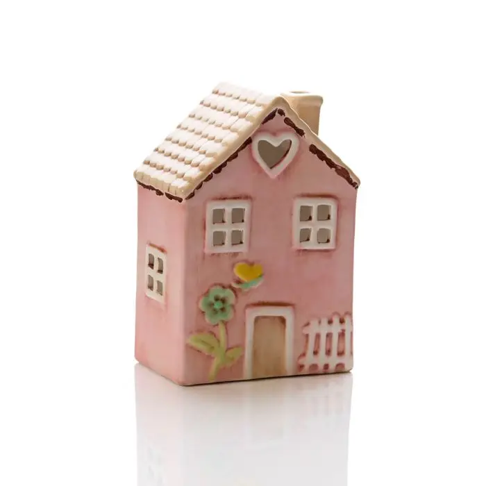 CERAMIC PINK HOUSE WITH EMBOSSED FLOWER PAINTED TEA LIGHT HOLDER