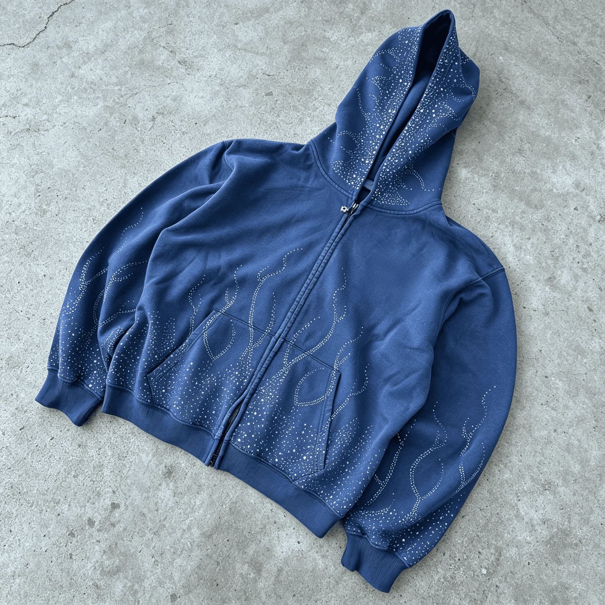 Custom Men's Distressed Vintage-Style 100% Cotton Winter Hoodie with Zipper and Rhinestones Streetwear-Style Sweatshirt gallery 7