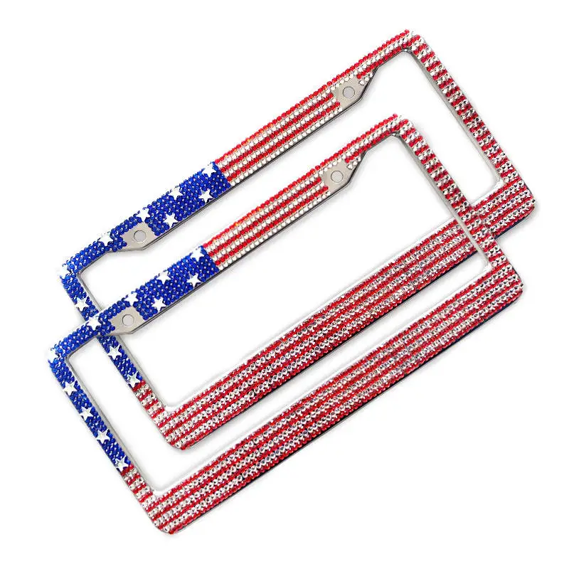 Bling License Plate Frame Rhinestone USA Flag License Plate Frames For men Patriot Personalized Crystal Stainless Steel Car Plat