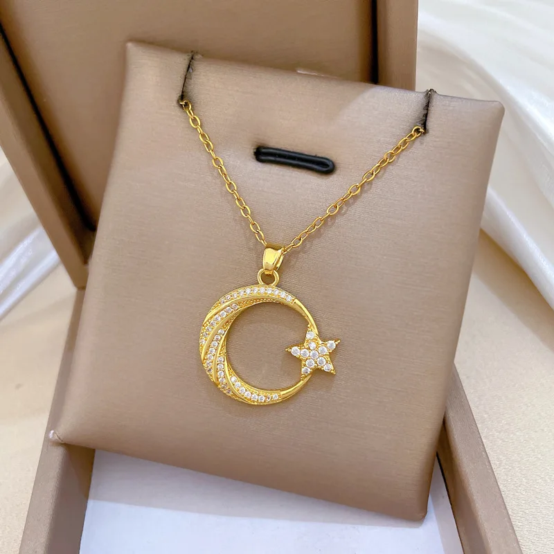 18K Gold Star Moon Pendant Necklace with Zirconia