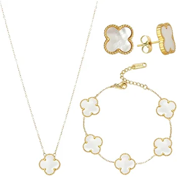 Gold Plated Fashion Jewelry Designer Jewelry Set for Women Four Leaf Clover Bracelet Necklace Stainless Steel Jewelry Set