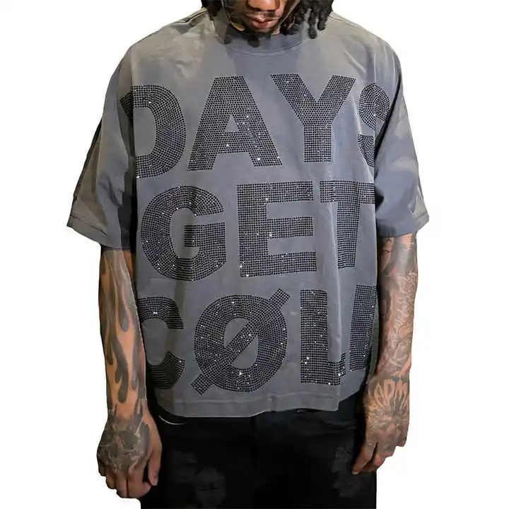 Salati T-shirt Hommes Manufacturer Custom Logo Short Sleeve Tee Oversized Boxy Diamond Rhinestone Printed Acid Wash T Shirts Men gallery 6
