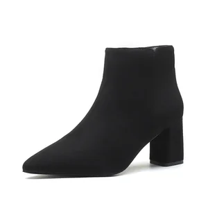 Black Suede Pointed Toe Block Heel Ankle Boots, Side Zipper Winter & Autumn Boots
