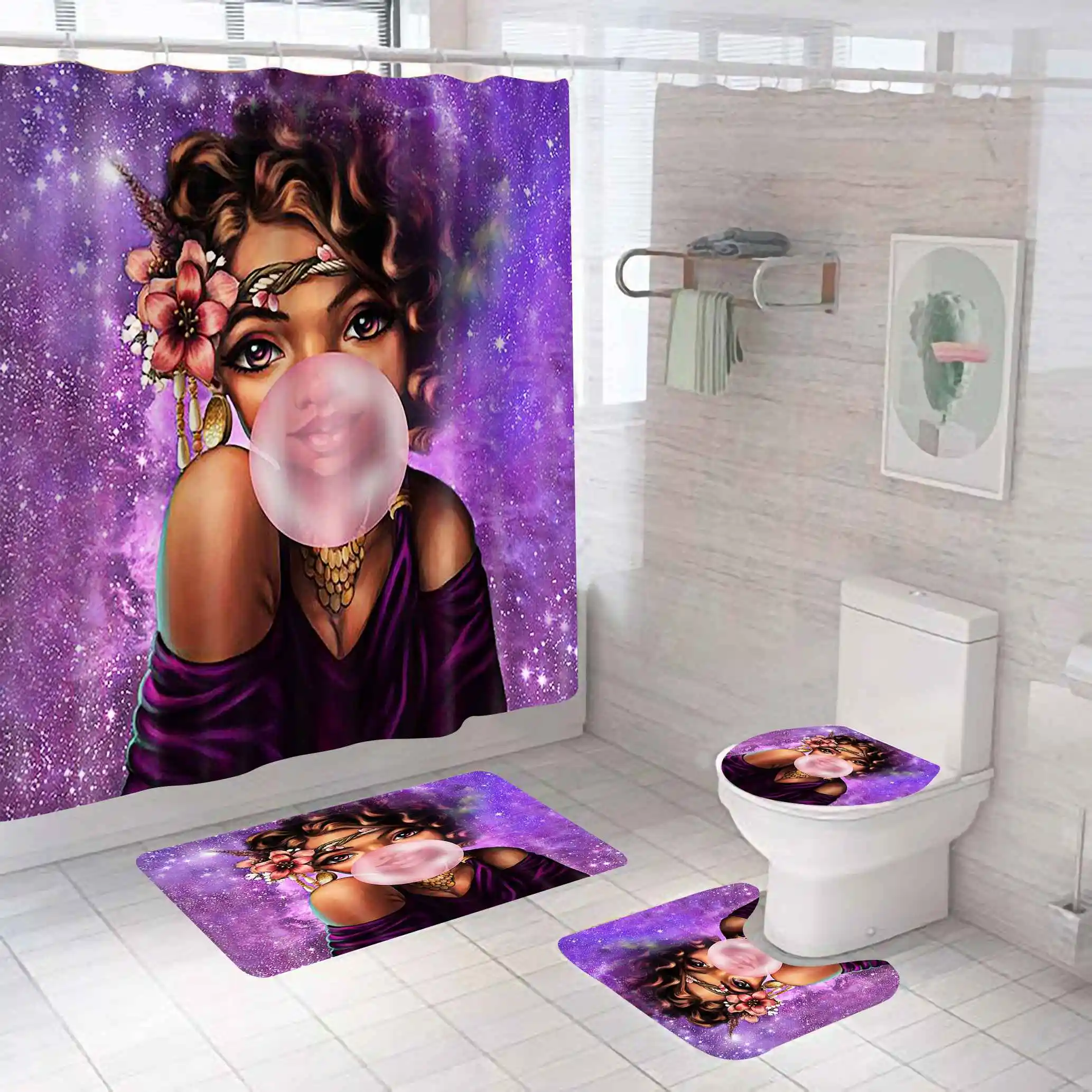 Colorful Tik Tok Shower Curtain Set Bath Mat Toilet Lid Cover Rug Bathroom Deco