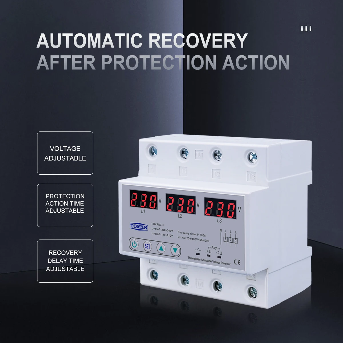 Protecteur Tension Triphasé Réglable STVP-932 63A – Protection Surtension/Sous-Tension/Surcharge Automatique