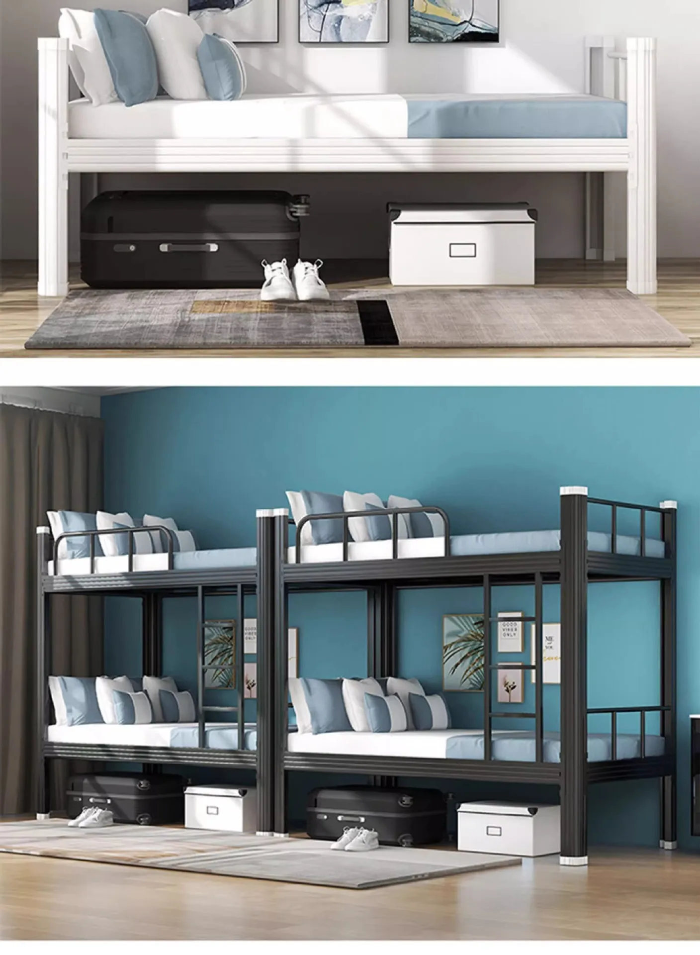 product hot selling luxury dormitory iron bed ladder durable simple double bunk staff modern design style metal frame school furniture-14