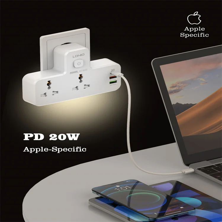 LDNIO SC2311 Extension Power Socket With Switch USB Power Strip With EU UK US Plug and LED Night Lamp 2 Outlets 3 USB QC 3.0/PD