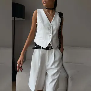 Cross-Border Solid ELEGANT Vest Waistcoat Set European American 2026 Spring Summer V-Neck Single-Breasted Sleeveless Polyester