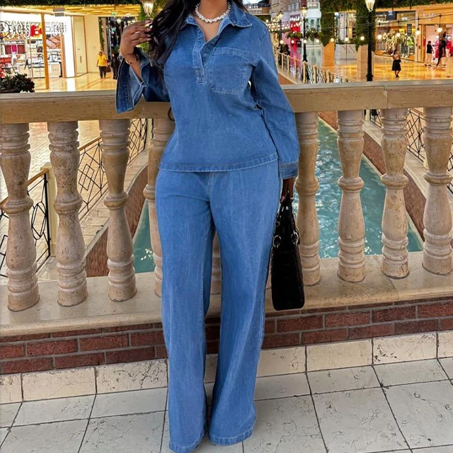 GX0170 Fashion 2024 Autumn Winter Clothing Denim Wear Women Loose Long  Sleeve V-neck Top and Wide Leg Jeans Pant Piece Set