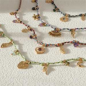Lot of Charm Necklace Evil Eye Sun Heart Moon Shell Pendant Braided Strand Necklace 18K Gold Plated Fashion Rope Necklace