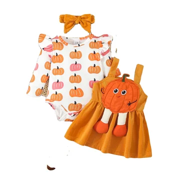 Cross-border baby Halloween European and American printed cartoon corduroy suit three-piece set Baby Rompers bébé girl