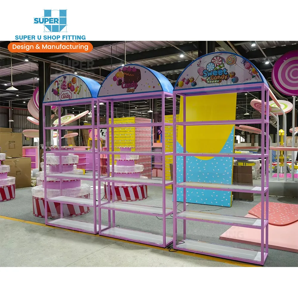 Candy Shop Decor Candy Retail Display Door Shape Lollipop Sugar Display Rack Led Light Colorful Candy Display Shelves