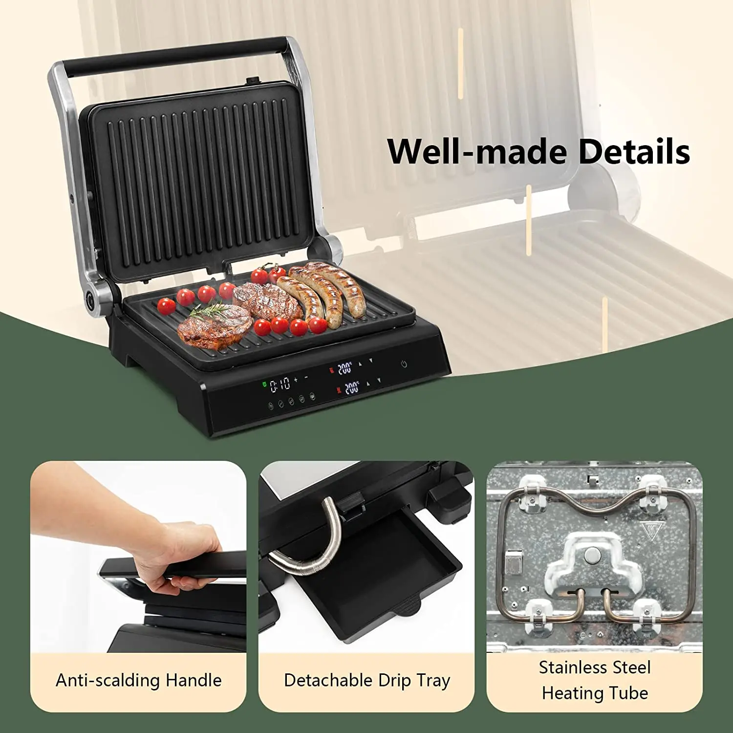 Electric Grill with Digital Control Sandwich Press Panini Maker Sandwich Toaster 3 in 1 Contact Grill Toaster Indoor Grill
