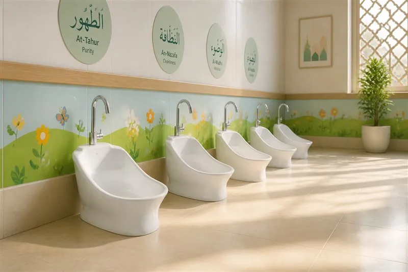 Low white ceramic wudu basin at child height in a family mosque washroom