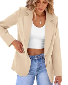 Customize Solid Color Office Suit Coat 2025 Autumn Long Sleeve Tops Pockets Blazer Outfits Single Button Knitted Anti-Wrinkle