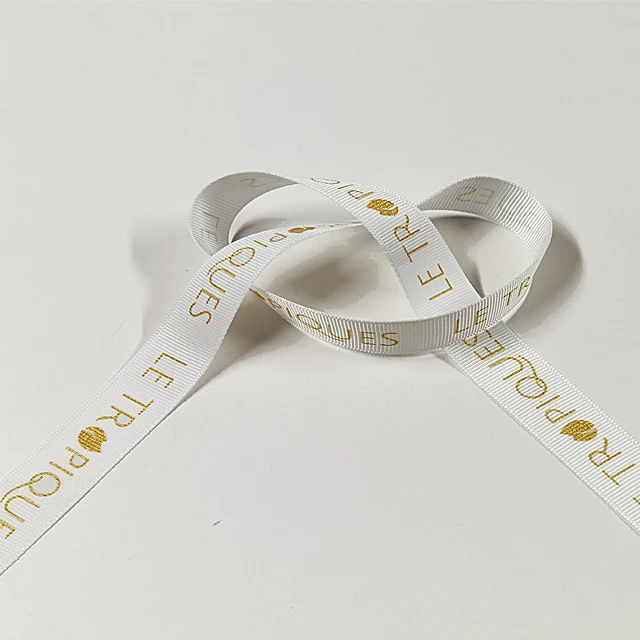 Заводской поставщик, оптовая продажа, Пользовательский логотип, полиэфирная Золотая фольга, атласная лента для украшения упаковки